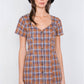 Brown Multi Checkered Stripe Casual Open Back Vintage Mini Dress