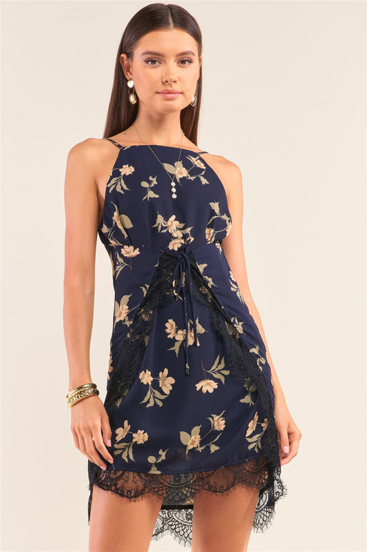 Navy Multi Floral Halter Neck Sleeveless Front Self-tie Lace Trim Slip Mini Dress