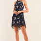 Navy Multi Floral Halter Neck Sleeveless Front Self-tie Lace Trim Slip Mini Dress