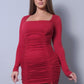 Sexy & Chic Long Sleeve Square Neck Ruching Tie Basic Dress