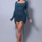 Sexy & Chic Long Sleeve Square Neck Ruching Tie Basic Dress