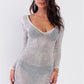 Rhinestone Studded Sheer Mesh Deep V-neck Long Sleeve Bodycon Dress