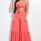 Solid Tie Front Spaghetti Strap Tank Top And Tiered Wide Leg Pants Two Piece Set