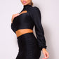 Puff Long Sleeve Front Cutout Turtleneck Blouse & Side Ruched Garter Mini Skirt Set