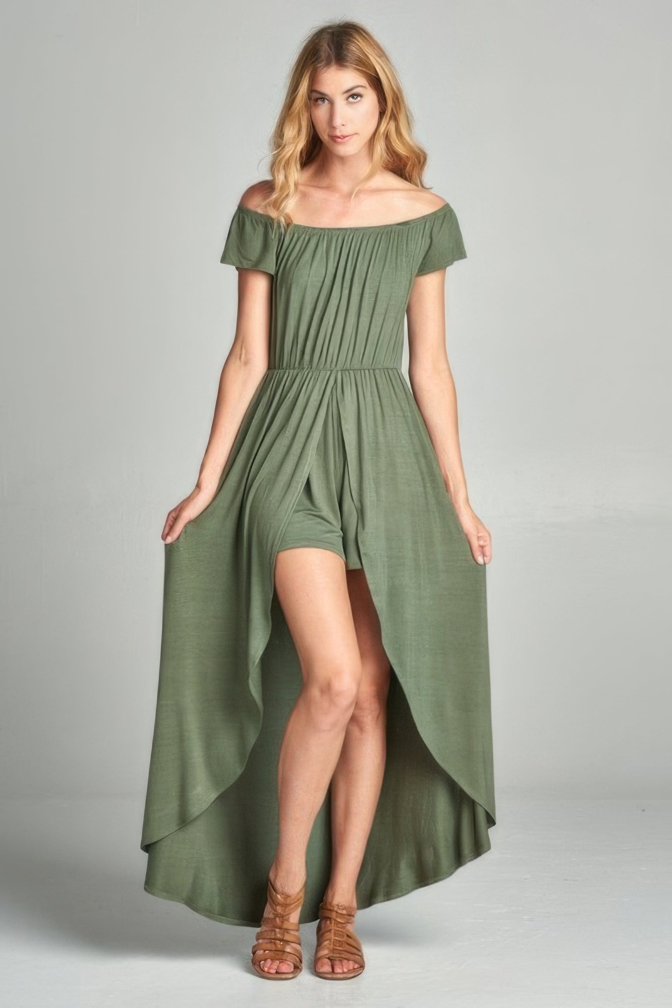 Off Shoulder Solid Jersey Romper Maxi