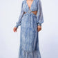 Printed V Neck Self Belted Side Cut Out Ruffled Maxi Dress