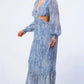 Printed V Neck Self Belted Side Cut Out Ruffled Maxi Dress