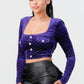 Lux Diamon Velvet Buttons Open Back Square Neck Long Sleeves Cropped Top