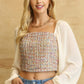 Tweed Bodice And Chiffon Square Top With Back Zipper