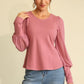 Solid Knit And Chiffon Mixed Top With Puff Long Sleeve