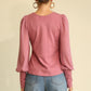 Solid Knit And Chiffon Mixed Top With Puff Long Sleeve