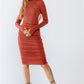 Brick Satin Effect Ruched Turtle Neck Open Back Midi Dress