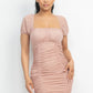 Ruched Square Neck Mesh Sleeve Dress