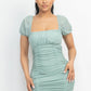 Ruched Square Neck Mesh Sleeve Dress