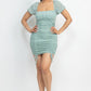 Ruched Square Neck Mesh Sleeve Dress