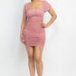 Ruched Square Neck Mesh Sleeve Dress