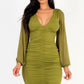 Ruched mesh long sleeve v-neck mini dress