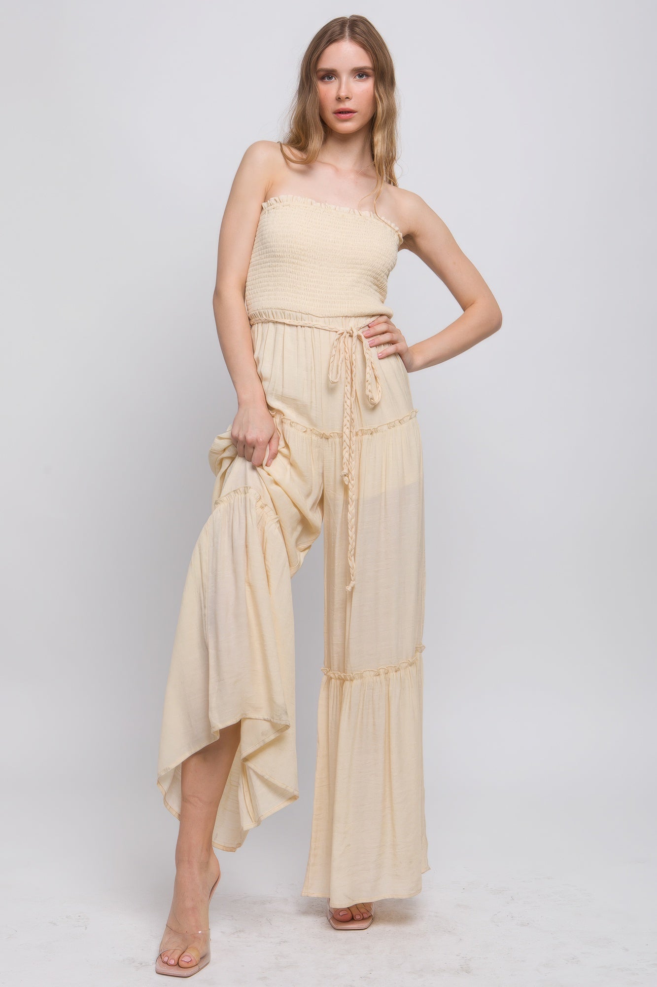 Woven Solid Sleeveless Smocked Ruffle Jumpsuit