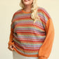 Novelty Knit And Solid Knit Mixed Loose Top With Drop Down Shoulder