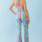 Multicolor Abstract Print Halter V-neck Ruched Open Back Crop Top & High Waist Pants Set