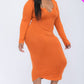 Plus Size Split Neck Long Sleeve Midi Dress