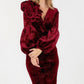 Flower Patch Flocked Velvet Fitted Midi Dress With Puff Sleeves