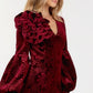 Flower Patch Flocked Velvet Fitted Midi Dress With Puff Sleeves