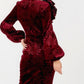 Flower Patch Flocked Velvet Fitted Midi Dress With Puff Sleeves