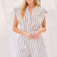 Notched Neck Button Elastic Band Waist Stripe Print Romper