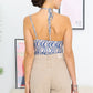 Cream & Blue Wave Print Mesh Asymmetrical Neck Self-tie Strap Bodysuit