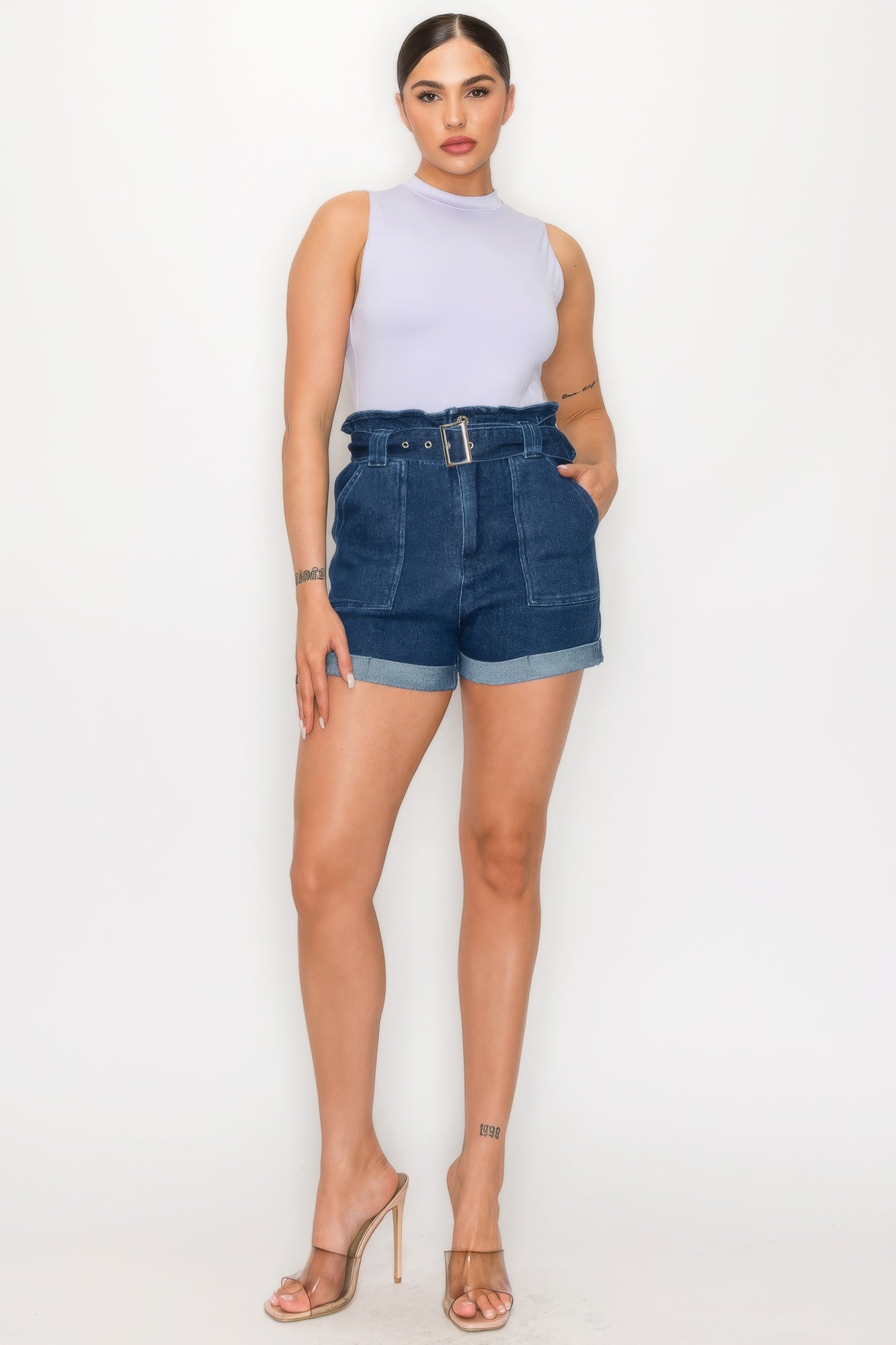 Belted Paperbag Denim Shorts