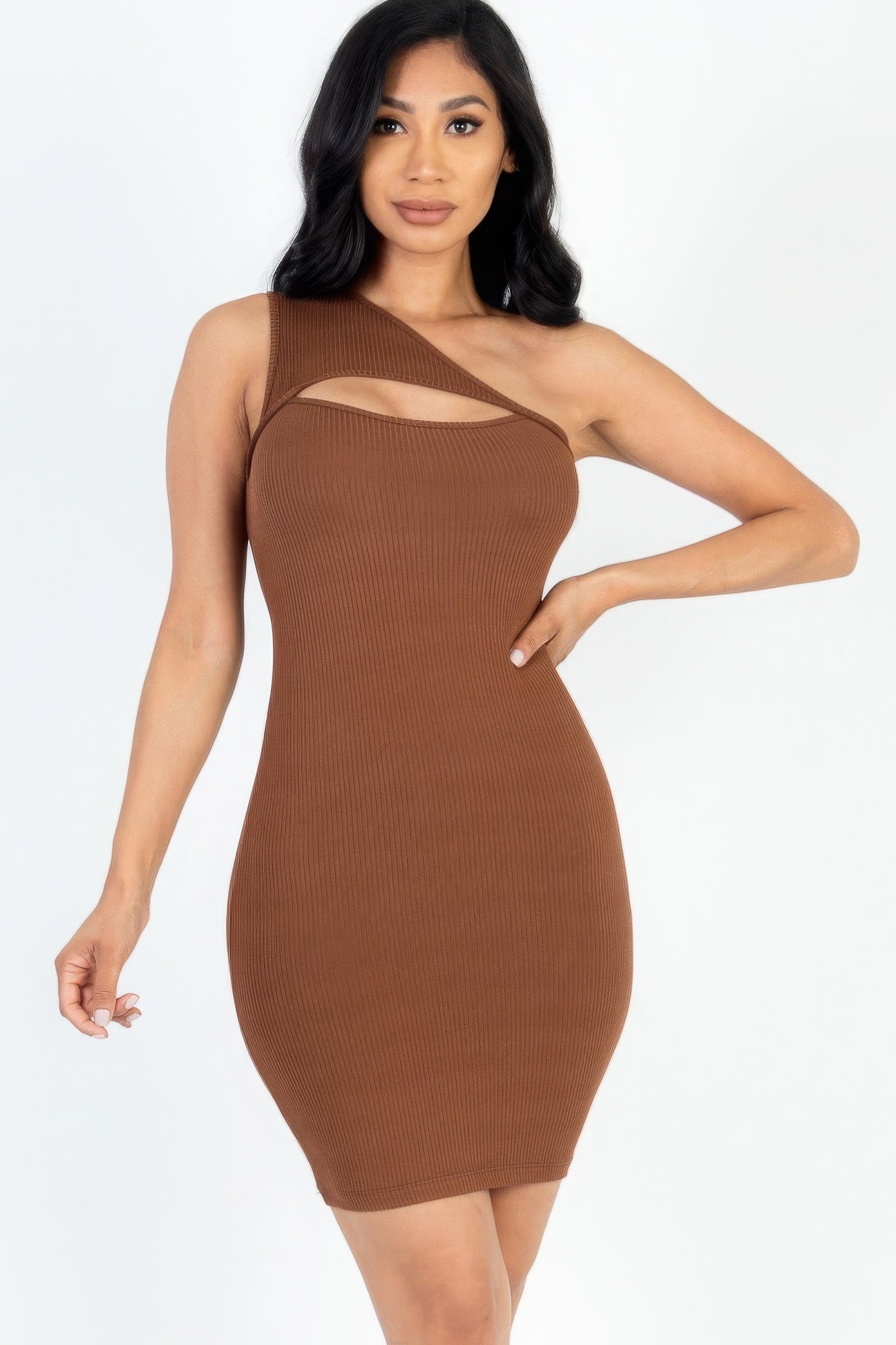 Ribbed One Shoulder Cutout Front Mini Bodycon Dress