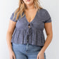 Plus Denim Blue Ribbed U-shape Neck Flare Hem Tie Top