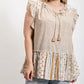 Woven Prints Mixed And Sleeveless Flutter Top With Tassel Tie