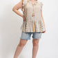 Woven Prints Mixed And Sleeveless Flutter Top With Tassel Tie