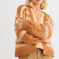 Camel Striped Crochet Knit Two Pocket Open Front Cardigan