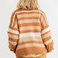 Camel Striped Crochet Knit Two Pocket Open Front Cardigan