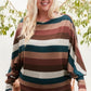 Boat Neck Long Bubble Sleeve Multi Stripe Print Knit Top