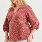 Plus Burgundy Floral V-neck Midi Sleeve Soft To Touch Top