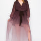 Ombre Chiffon Wrap Front Long Sleeve Tie Waist Slit Front Maxi Dress