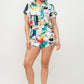 Satin Dolman Print Button Down Top And Shorts Set