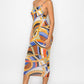 Crossed Back Marble Print Multicolor Midi Dress