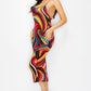 Crossed Back Marble Print Multicolor Midi Dress