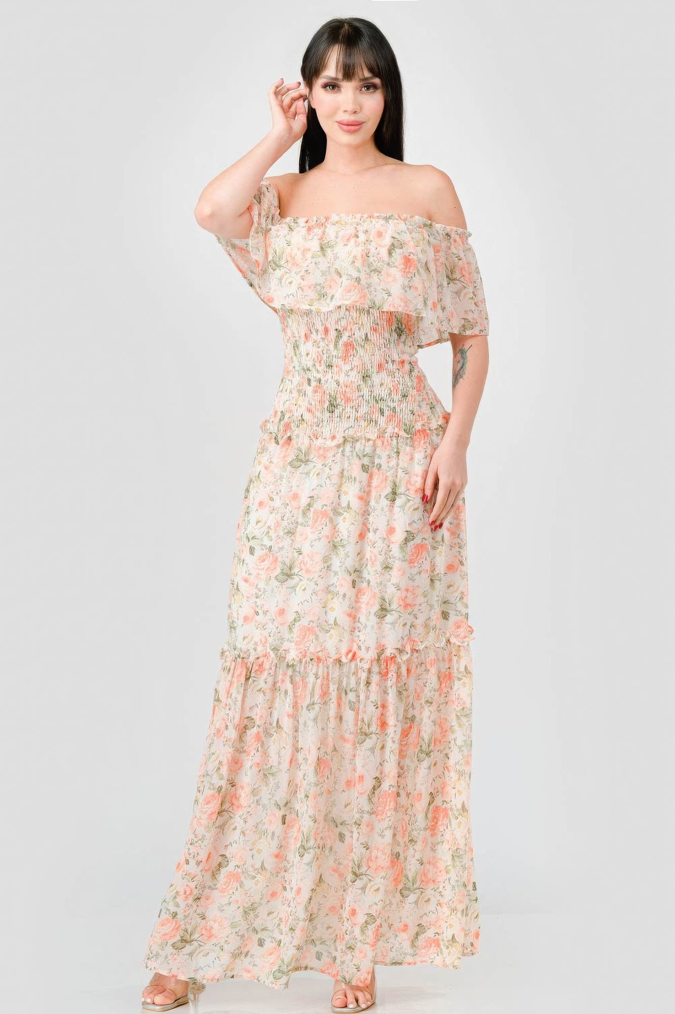 Floral Chiffon Off Shoulder Smocked Back Ruffled Tiered Maxi Dress