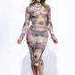 Tattoo Body Print Mesh Midi Dress