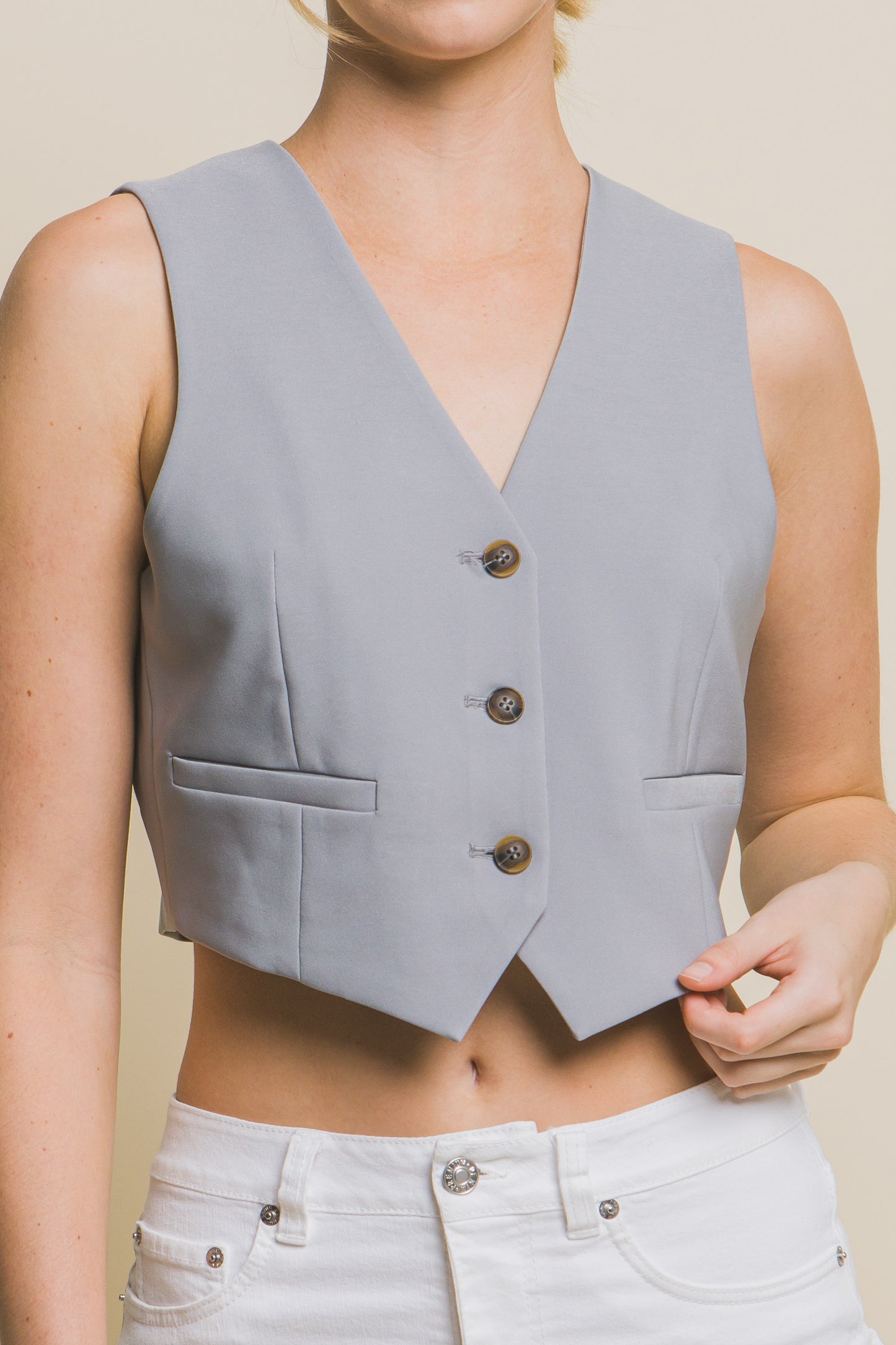 Cropped Blazer Vest With Button- Up