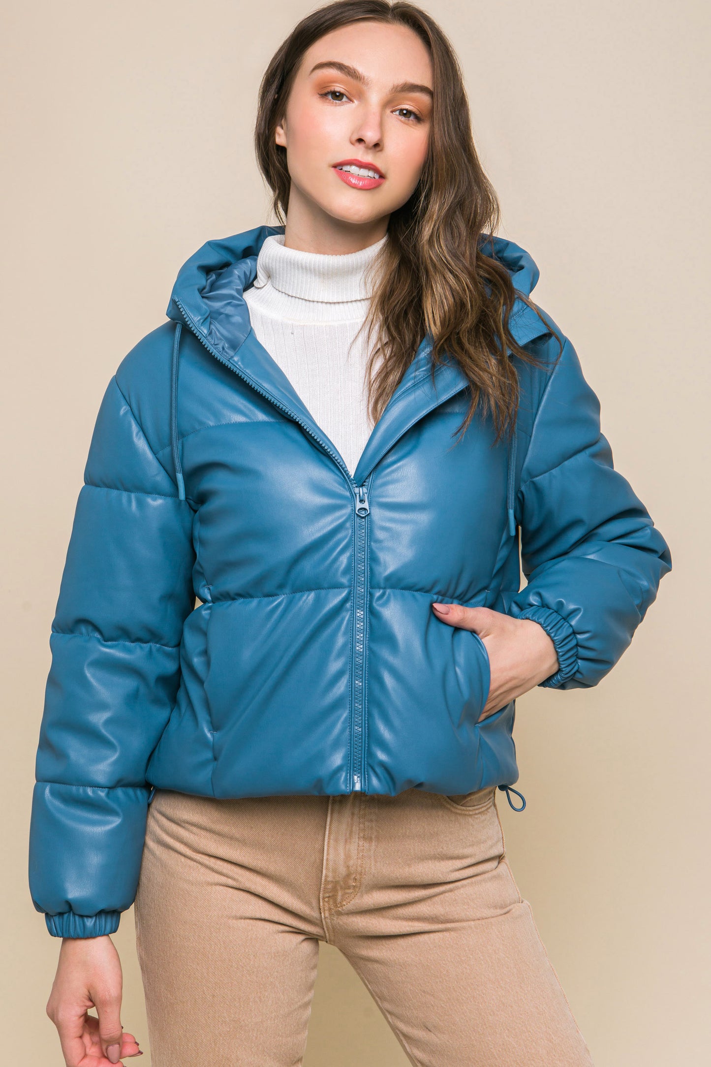 Pu Faux Leather Zipper Hooded Puffer Jacket